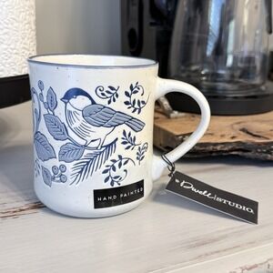 Dwell Studio Ceramic Mug‎ Blue Bird Botanical Speckled White Coffee Cup New